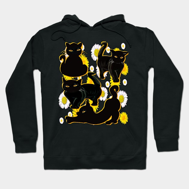 Cat silhouette on top of wildflowers feelings pattern black cats  among dandelions And daisies floral bright flowers Hoodie by Artonmytee